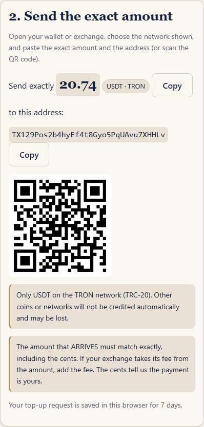 Screenshot of our page: Send the exact amount
