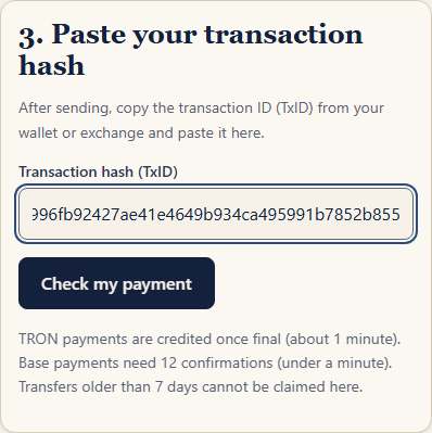Screenshot of our page: Paste the transaction ID
